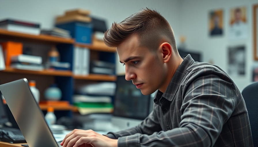 Focused man working intently on laptop in colorful office, AI in digital marketing.