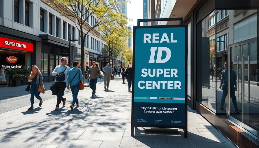 REAL ID Super Center sign with pedestrians on city street, REAL ID scams