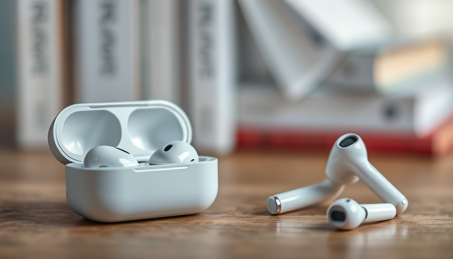 Close-up of white AirPods on table with books in background.