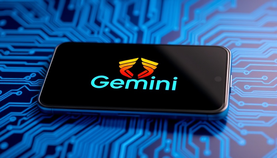 Gemini logo on smartphone screen with circuit background.