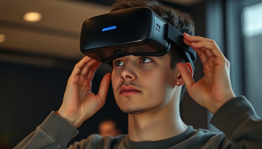 Young man donning Xbox-branded VR headset indoors.