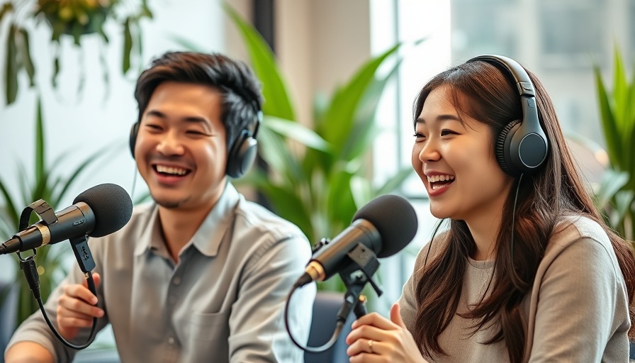Young man and woman podcasting, discussing YouTube growth tactics.