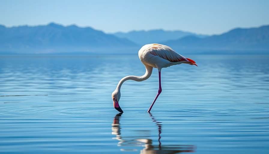 Solitary flamingo at a lake with mountain view, clear blue sky.