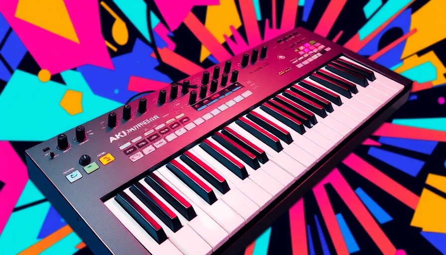 Akai MIDI keyboard creativity in vibrant abstract setting.