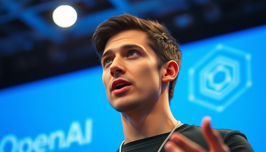 Young man at tech conference with OpenAI logo, speaking about latest AI news 2025.