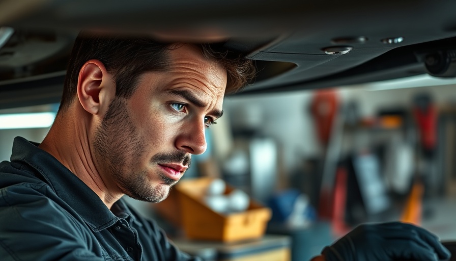 Mechanic inspecting vehicle underside in an automotive franchise.