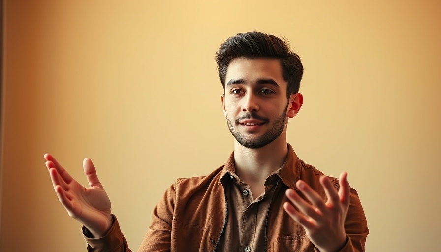 AI Product Visuals: Man explains AI beneath logo.