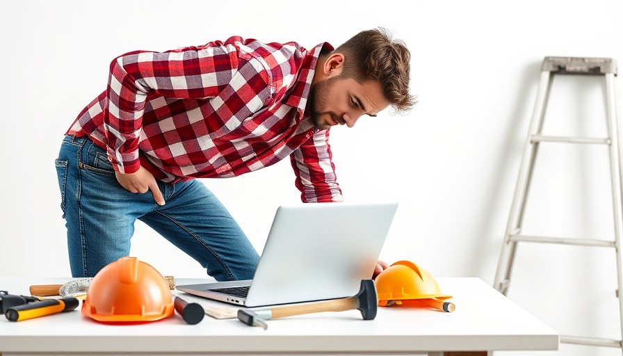 Focused contractor using laptop beside tools, contractor timesheet templates.