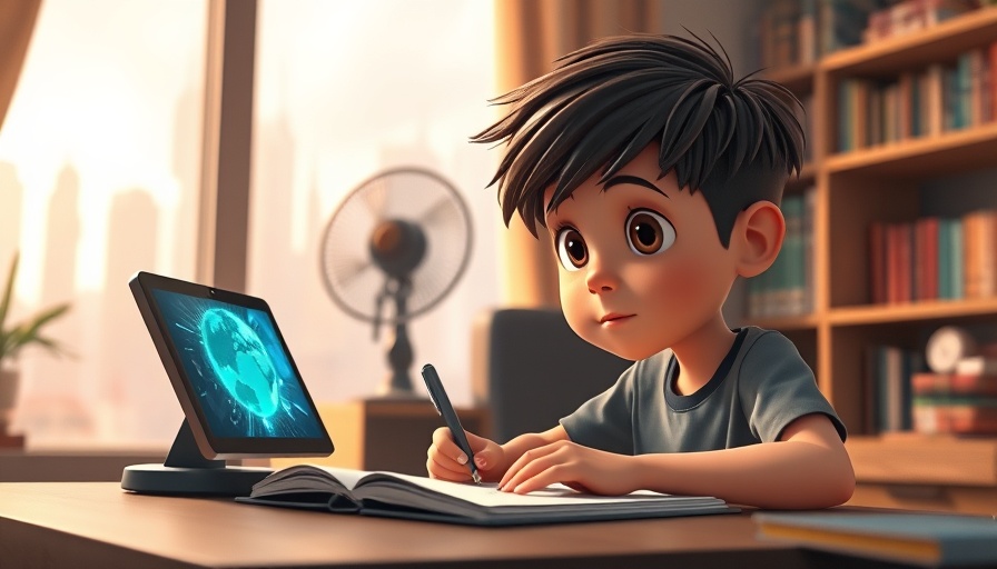 Cartoon young boy engaged in quantum computing AI ethics.