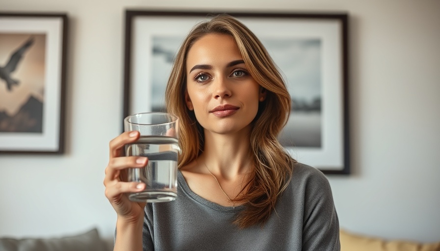 Woman promoting clean water initiatives with a glass of water indoors.