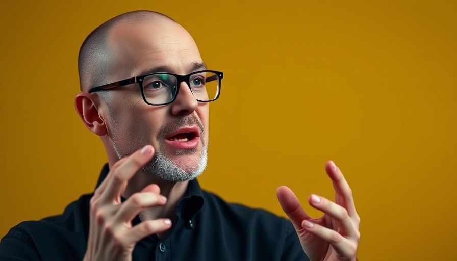Man speaking confidently with glasses, on yellow background with blog text.