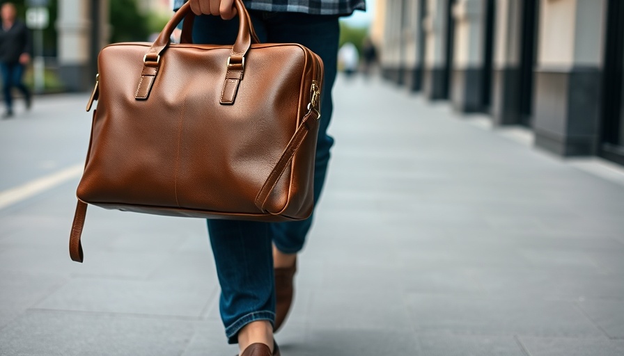 Brown leather briefcase carried by person on city street.
