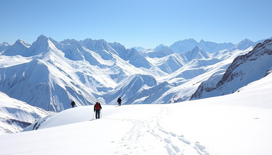Hikers traversing snowy mountains, representing exploration and adventure.