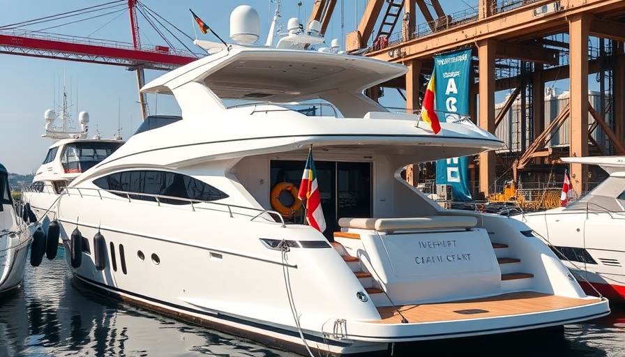 Luxury yacht at shipyard with festive flags under sunny sky