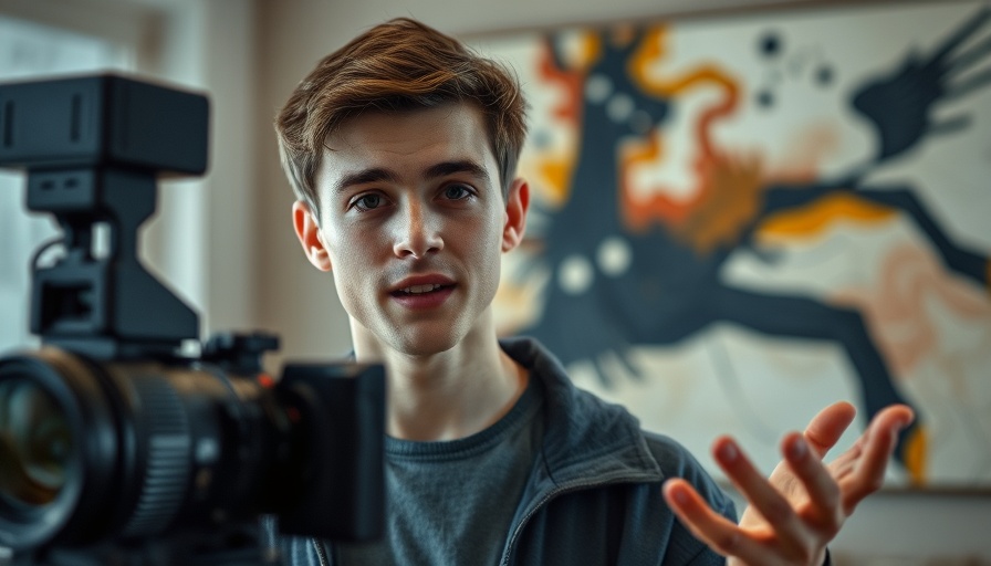 Young man explaining courses on camera, abstract art backdrop.