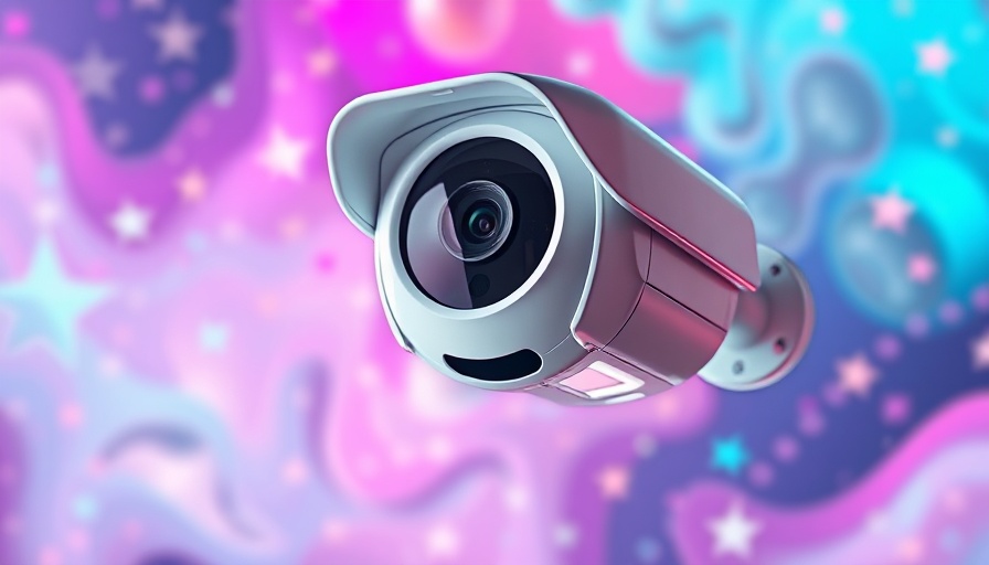 Futuristic white security camera against colorful abstract background.