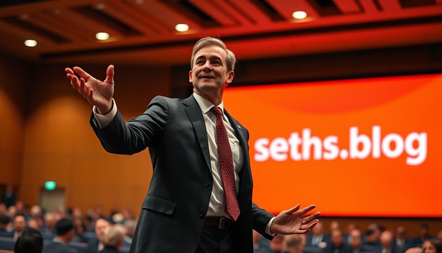 Dynamic speaker in front of 'seths.blog' discussing compounding luck in business.