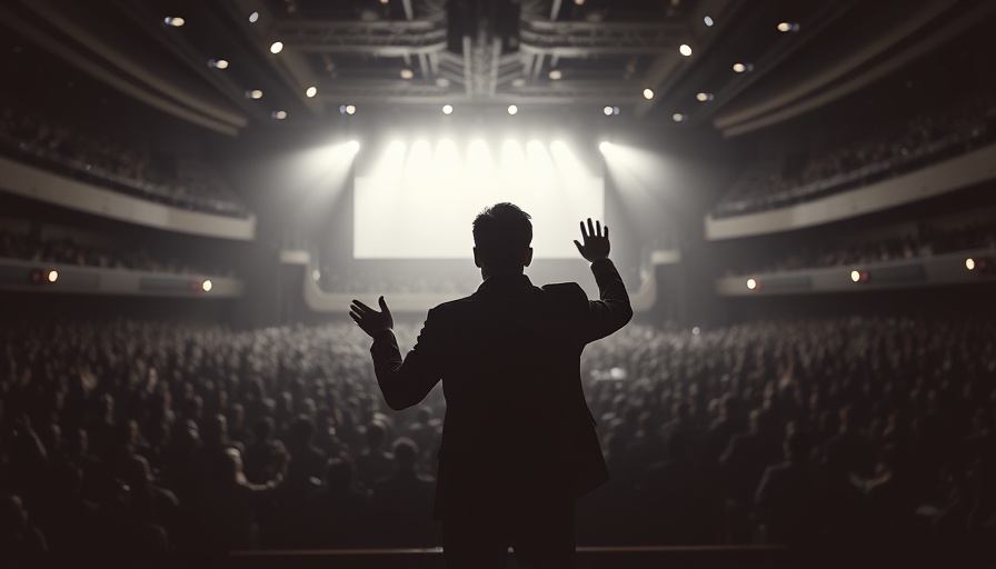 Speaker using powerful speech techniques in dramatic lighting.