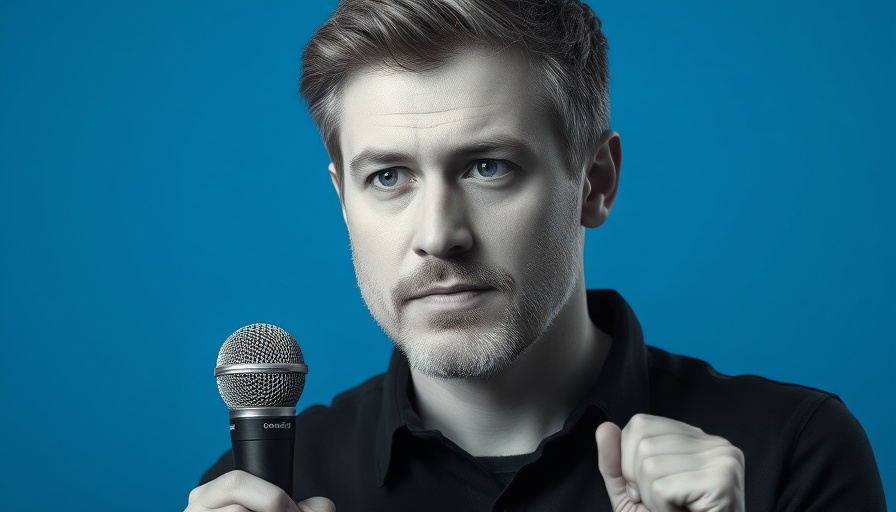 Person with microphone on blue background, symbolizing AI automation for entrepreneurs.