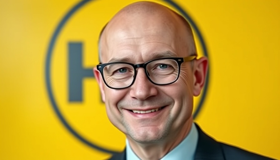 Contagious emotions in business: smiling bald man with purple glasses, yellow blog logo background.