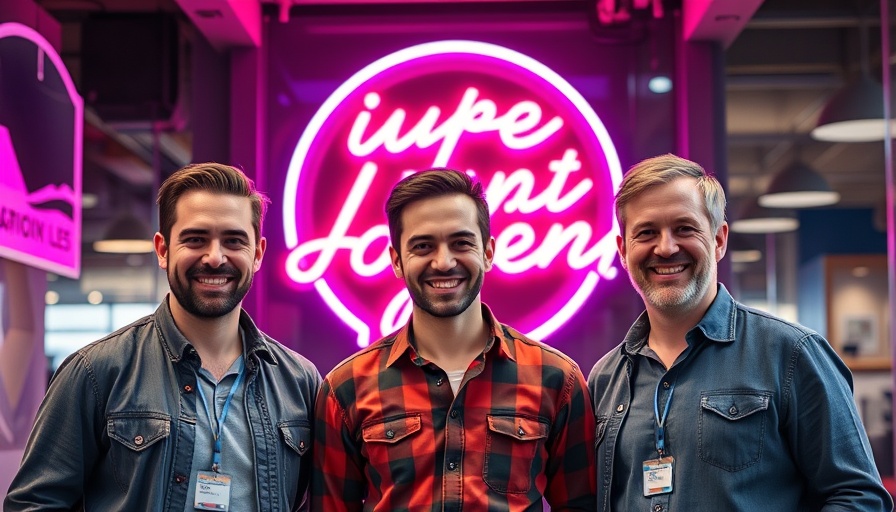 Three men in front of a neon sign representing modern cooling technology.