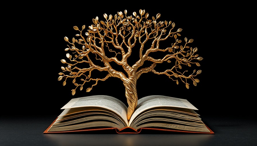 Intricate metal tree emerging from a book, symbolizing investment philosophy statement.