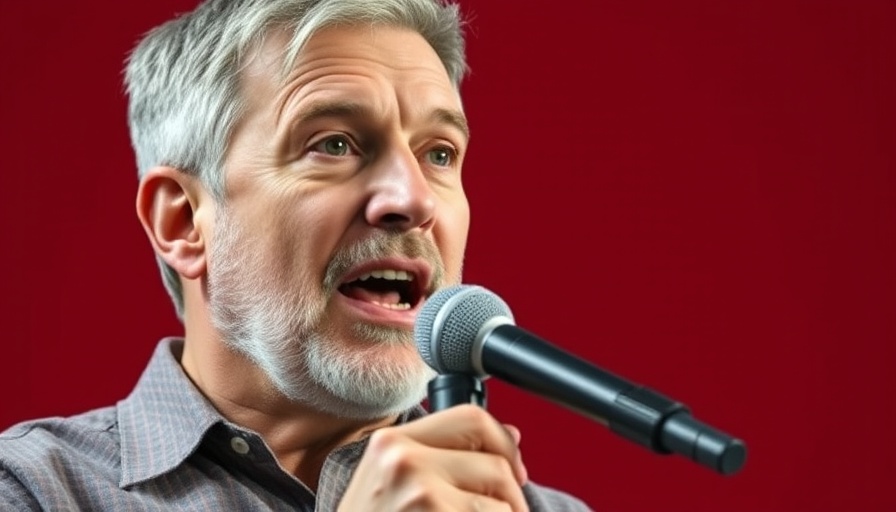 Middle-aged man speaking at an event on startup life and CEO change.