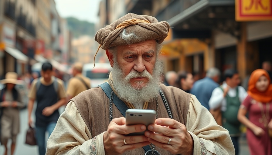 Historical figure using smartphone, portfolio construction concept