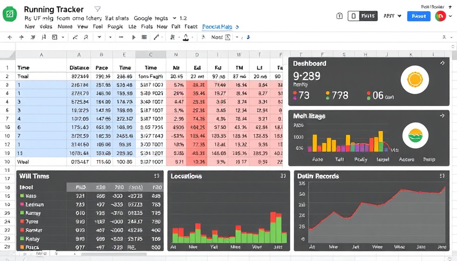 Google Sheets running tracker layout with stats and charts.