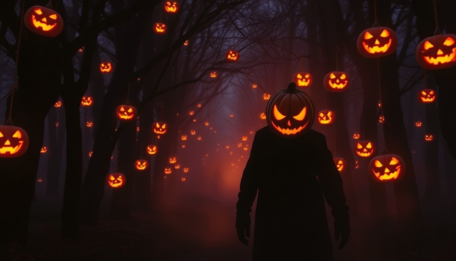 Spooky Halloween forest scene with pumpkin-headed figure and jack-o'-lanterns at Halloween Horror Nights 2025.
