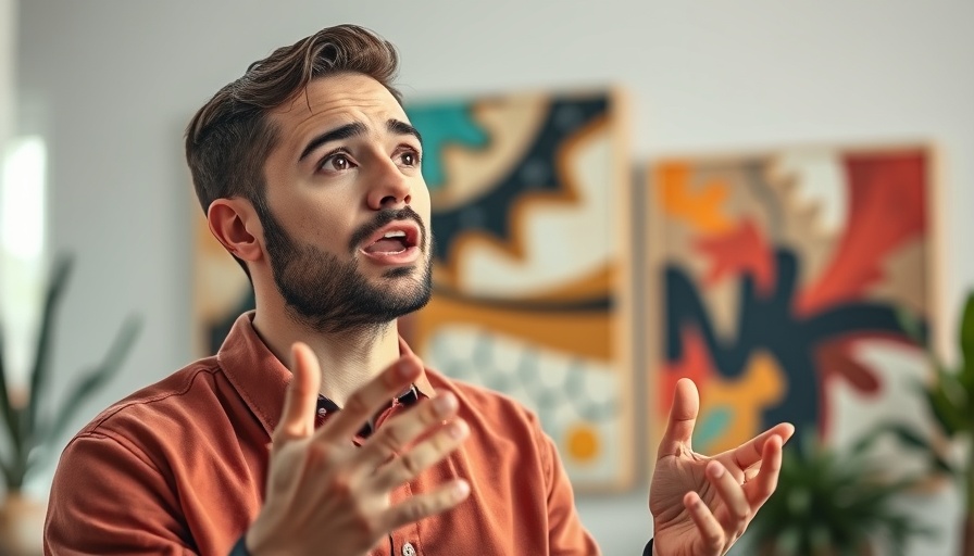 Passionate young man discusses AI insights indoors with vibrant art.