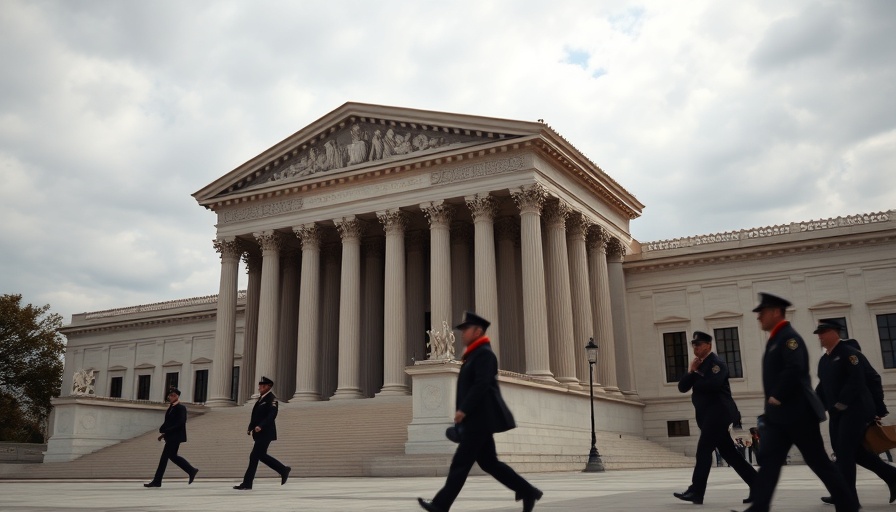 Stately Supreme Court building under cloudy sky with security personnel.