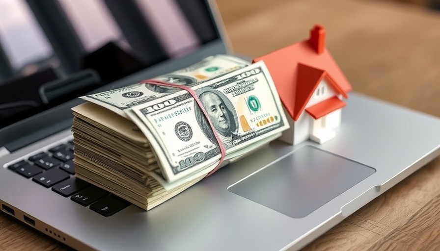 Stack of hundred-dollar bills and model house on laptop, symbolizing automated real estate payments.
