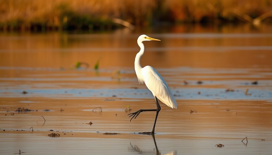 Egret watching wildlife before sunset on a tranquil shoreline.