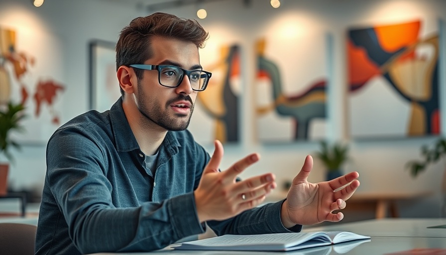 Young man in office setting explaining notes, turn notes into stunning visuals.