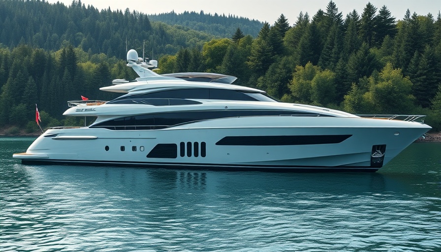 Sleek modern luxury yacht docked in serene waters.