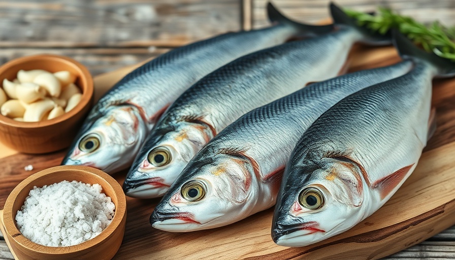 Rustic seafood preparation with fish, salt, and garlic on a wooden board.