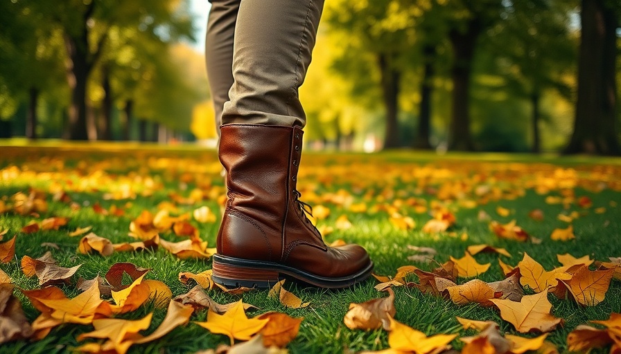 Stylish brown boots walking on autumn leaves, classy footwear.