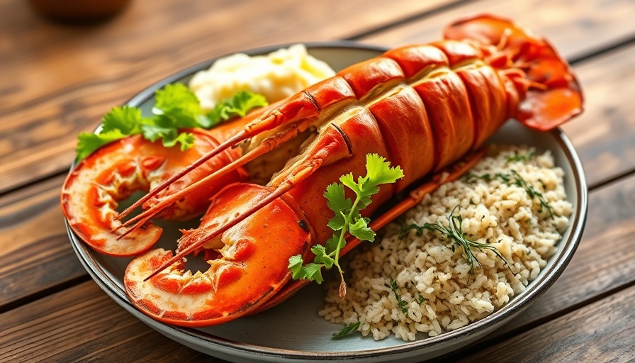 Vintage seafood dish of lobster, mashed potatoes, rice.