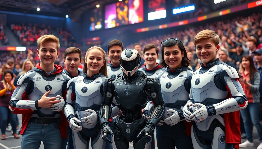 World Humanoid Robot Games winners display robots amid cheering crowd.