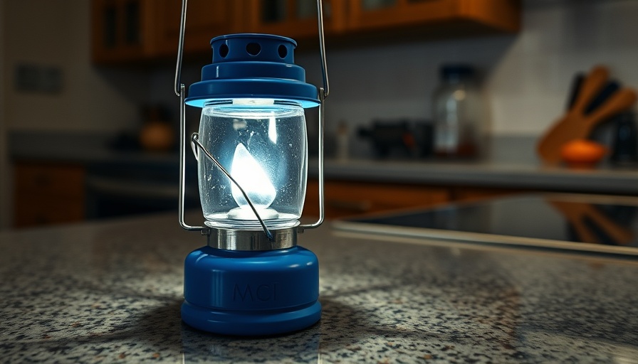 Blue camping lantern on a speckled surface, suitable for outdoor activities in Florida.