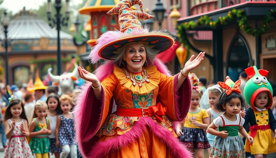 Colorful Halloween parade at theme park with festive witch and children.
