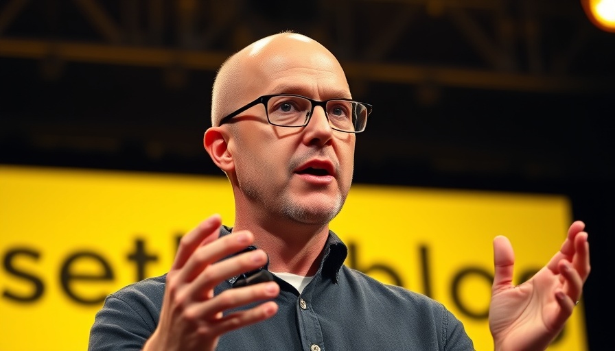 Bald man confidently speaking on stage, 'seths.blog' text in yellow background