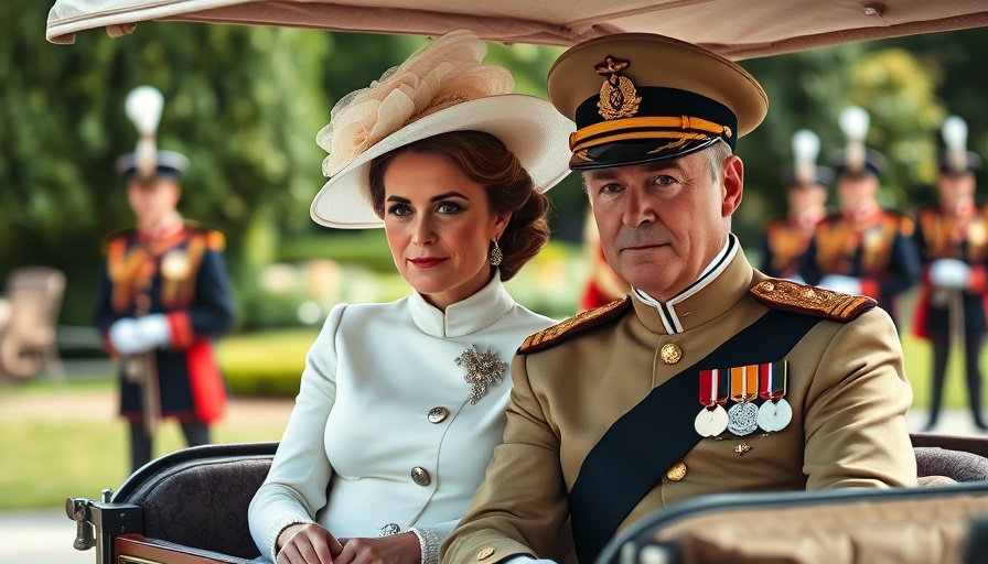Regal couple in formal attire during a parade, highlighting King Charles in uniform during a significant moment.