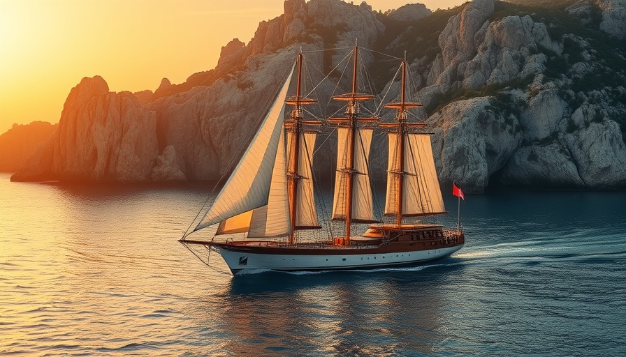 Luxurious sailing yacht cruising at sunset near coastal cliffs.