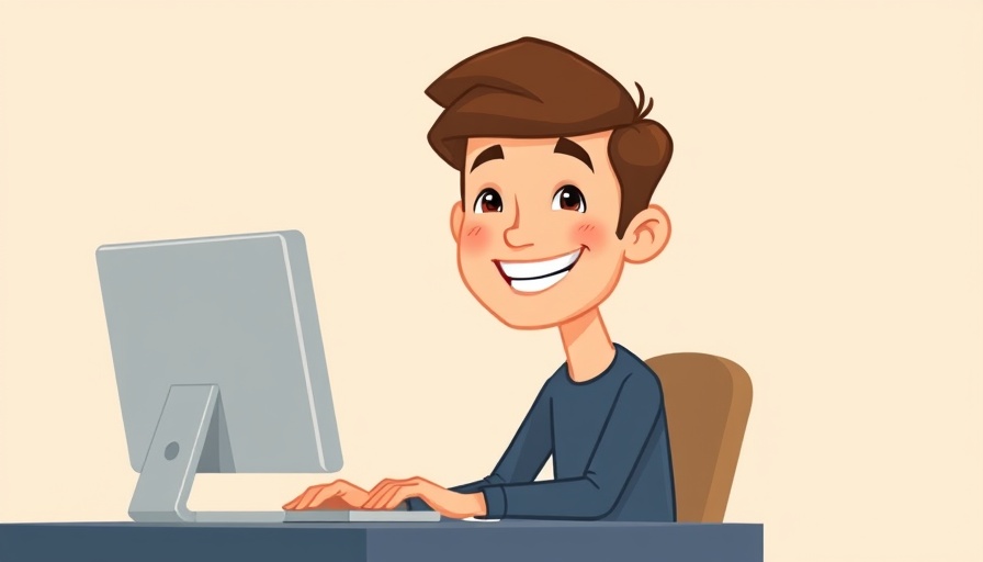 Young man writing a business plan on a computer cartoon illustration