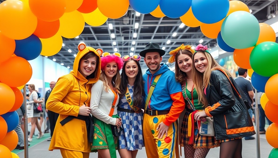 Florida Kids & Family Expo 2025 with costumed characters and colorful balloons.