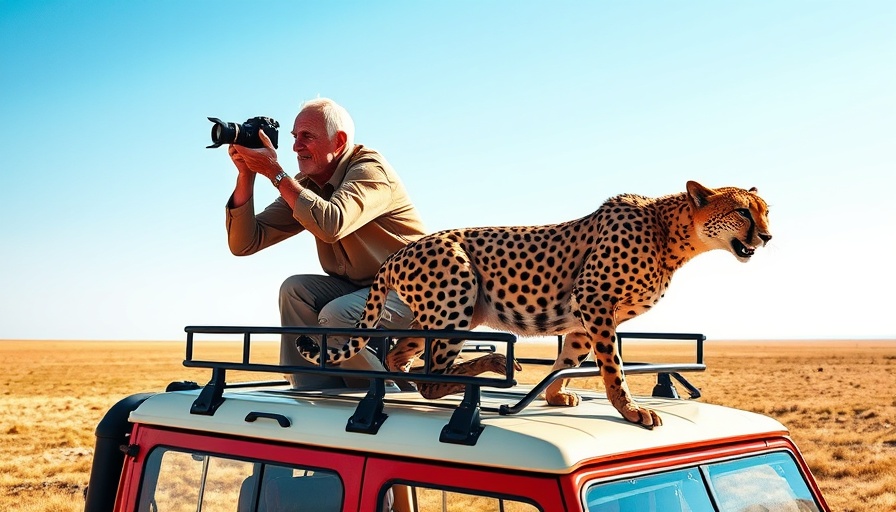 Elderly man photographing a cheetah on a safari vehicle in the savannah