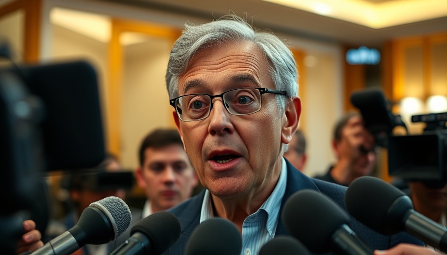 Man with surprised expression addressing media, AI job disruptions concept.