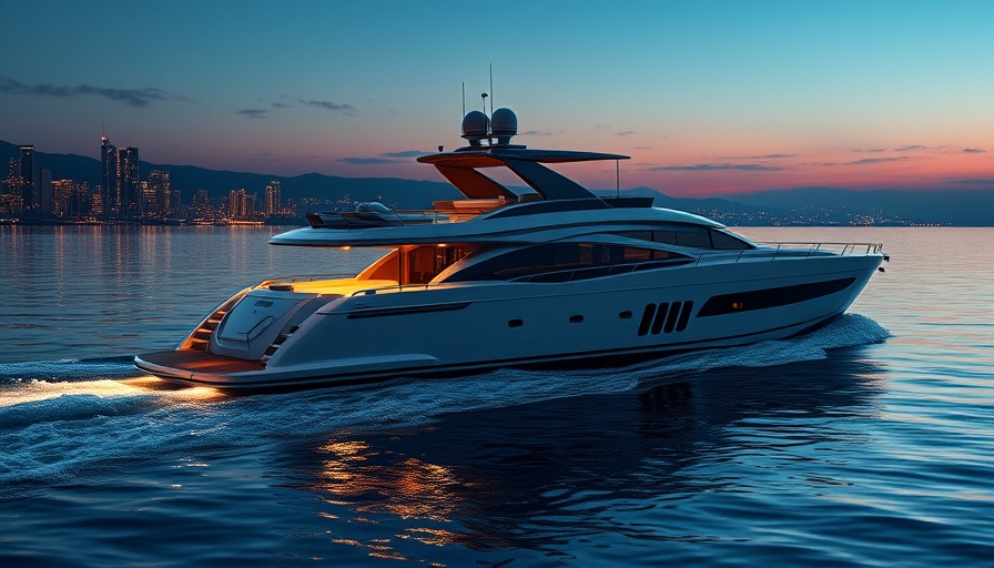 Sleek luxury yacht cruising at dusk with city lights.